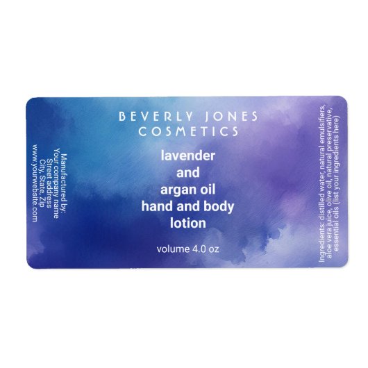 Blauwe en Paarse waterverf cosmetica flesetiket Etiket (Voorkant)