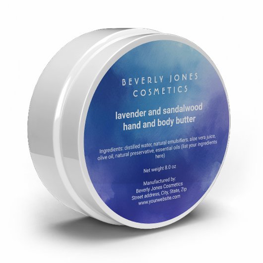 Blauwe en Paarse waterverf cosmetica pot label