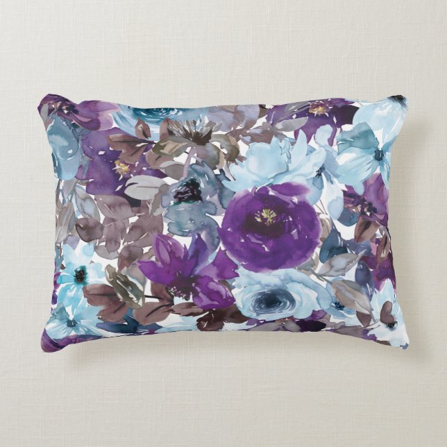 Blauwe en Paarse Waterverf Floral Accent Pillow Accent Kussen (Voorkant)