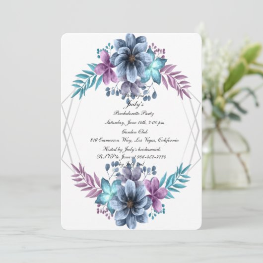 Blauwe en Paarse Waterverf Floral Bachelorette Kaart (Staand voorkant)