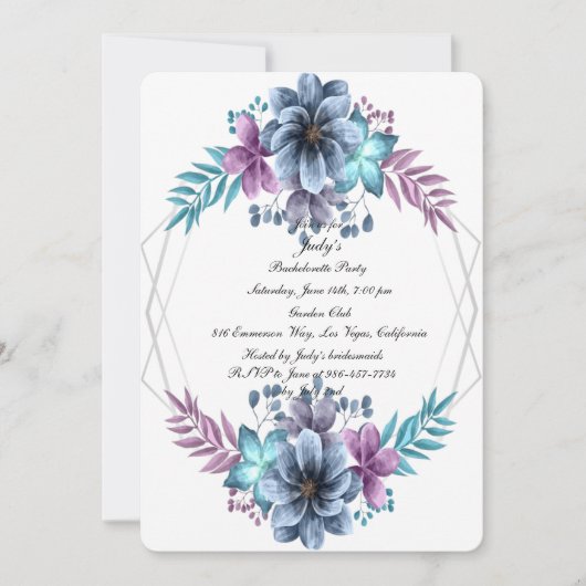 Blauwe en Paarse Waterverf Floral Bachelorette Kaart (Voorkant)