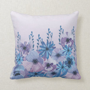 Blauwe en Paarse Waterverf Floral Sierkussen