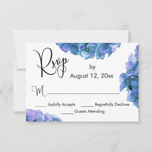 Blauwe en Paarse Waterverf Hydrangeas w/ Calligraf RSVP Kaartje (Voorkant)