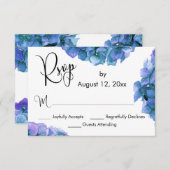 Blauwe en Paarse Waterverf Hydrangeas w/ Calligraf RSVP Kaartje (Voorkant / Achterkant)