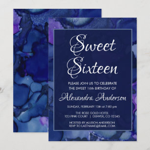 Blauwe en Paarse Waterverf Ink Sweet 16 Verjaardag Kaart