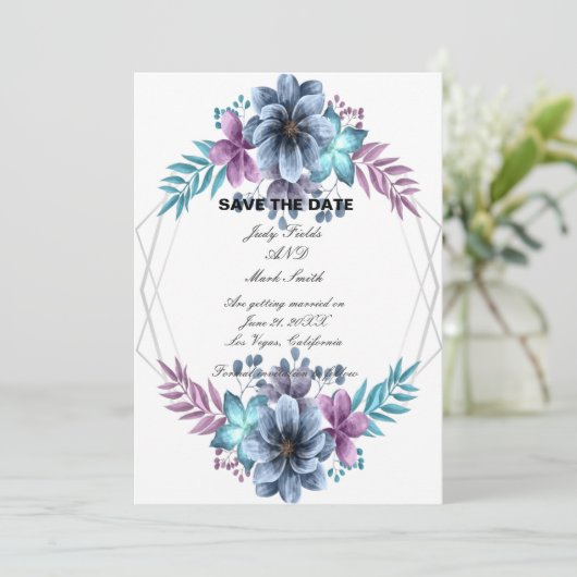 Blauwe en Paarse Waterverf Save The Date (Staand voorkant)