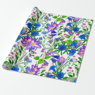 Blauwe en Paarse Waterverf tuinbloemen Cadeaupapier