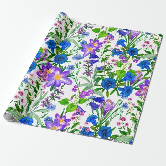 Blauwe en Paarse Waterverf tuinbloemen Cadeaupapier (Uitgerold)