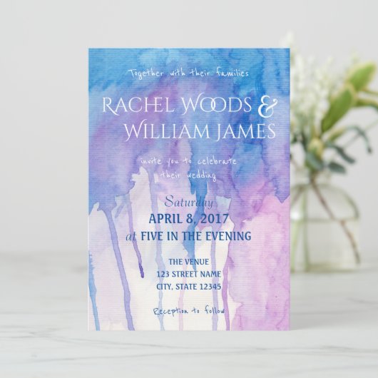 Blauwe en Paarse Waterverf | Uitnodiging tot wedde (Staand voorkant)