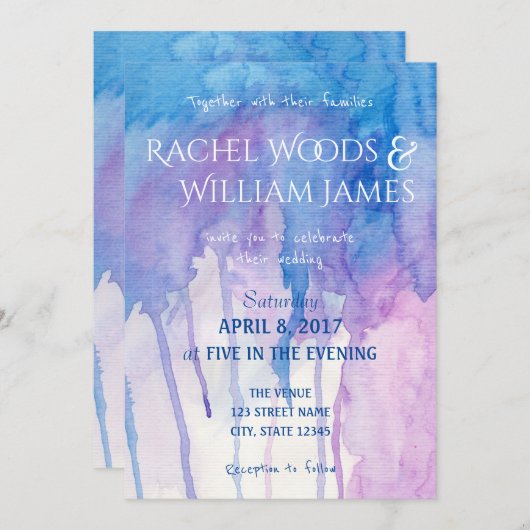 Blauwe en Paarse Waterverf | Uitnodiging tot wedde (Voorkant / Achterkant)