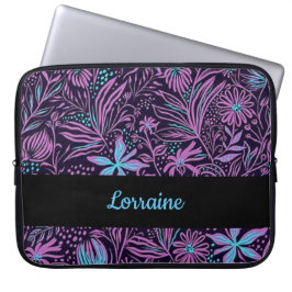 Blauwe en paarsste neonbloemen laptop sleeve