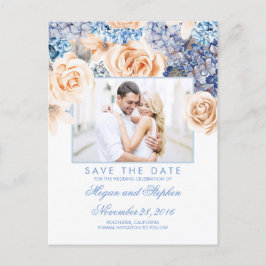 Blauwe en Perzik Bloemen Waterverven Save the Date Aankondigingskaart