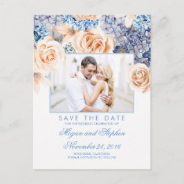 Blauwe en Perzik Bloemen Waterverven Save the Date Aankondigingskaart