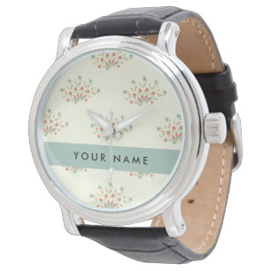 Blauwe en Rode Bloemen, Blauw, Uw Naam Horloge