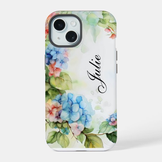 Blauwe en Rode Bloemen Bruiloft iPhone 15 Case (Achterkant)