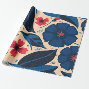Blauwe en rode bloemen, met donkerblauwe bladeren cadeaupapier