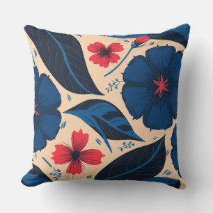 Blauwe en rode bloemen, met donkerblauwe bladeren kussen