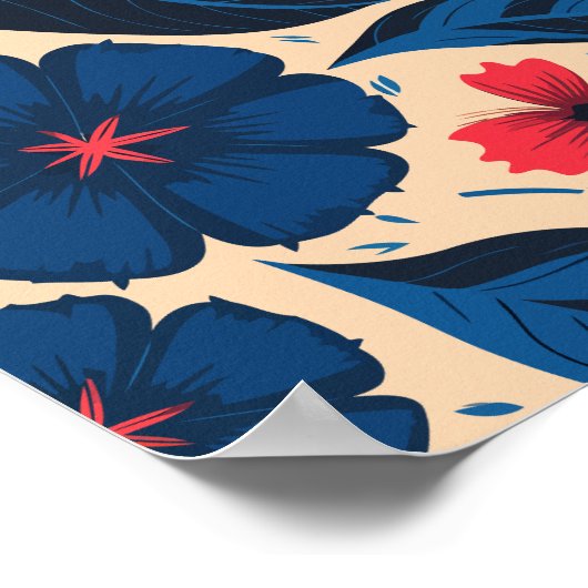 Blauwe en rode bloemen, met donkerblauwe bladeren poster (Hoek)