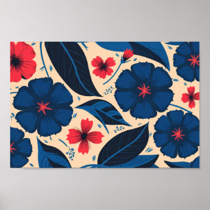 Blauwe en rode bloemen, met donkerblauwe bladeren poster