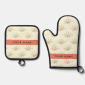 Blauwe en rode bloemen, rood, Jouw naam Ovenwant & Pannenlap Set (Voorkant)