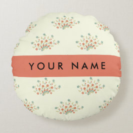 Blauwe en rode bloemen, rood, Jouw naam Rond Kussen