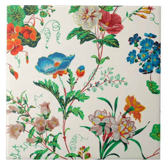 Blauwe en rode bloemen schilderij Patroon Tegeltje (Voorkant)