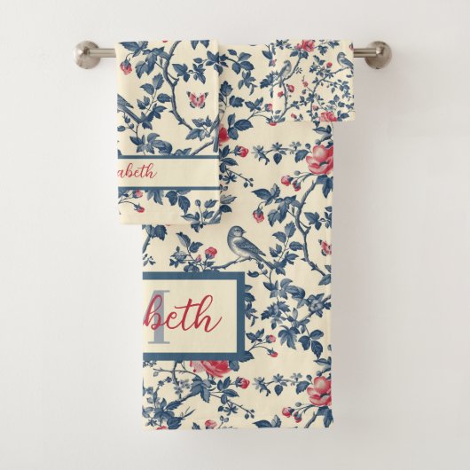 Blauwe en rode bloemen Toile de Jouy en vogels Bad Handdoek (Insitu)