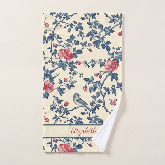 Blauwe en rode bloemen Toile de Jouy en vogels Bad Handdoek (Handdoek)