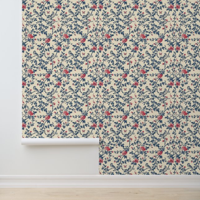 Blauwe en rode bloemen Toile de Jouy en vogels Behang (Applicatie)