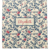 Blauwe en rode bloemen Toile de Jouy en vogels Douchegordijn (Voorkant)