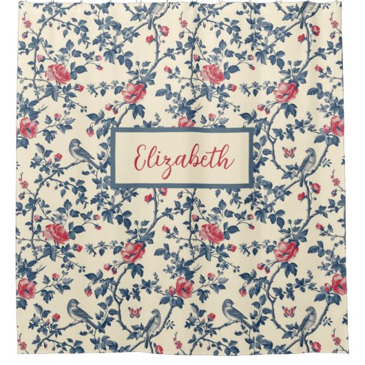Blauwe en rode bloemen Toile de Jouy en vogels Douchegordijn (Voorkant)