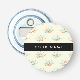 Blauwe en Rode Bloemen, Zwart, Je Naam Button Flesopener