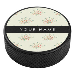 Blauwe en Rode Bloemen, Zwart, Je Naam Hockey Puck