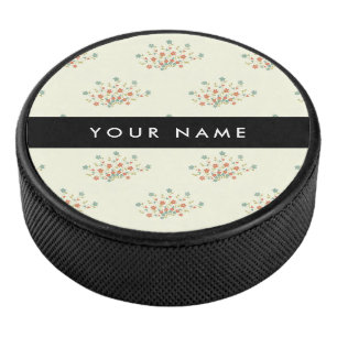 Blauwe en Rode Bloemen, Zwart, Je Naam Hockey Puck