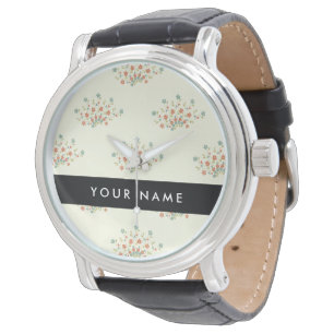 Blauwe en rode bloemen, zwart, Jouw naam Horloge
