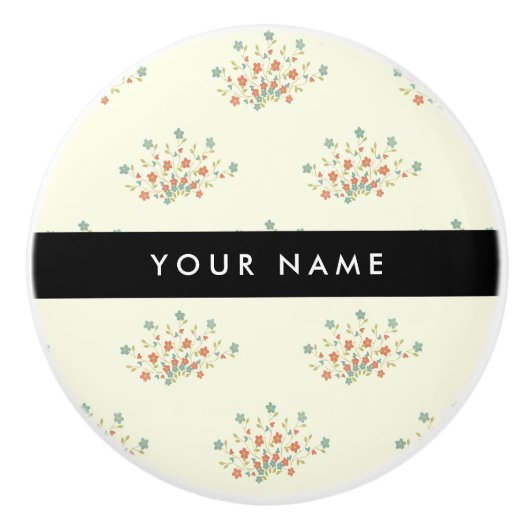 Blauwe en rode bloemen, zwart, Jouw naam Keramische Knop (Voorkant)