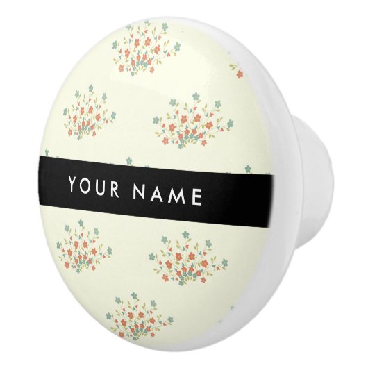 Blauwe en rode bloemen, zwart, Jouw naam Keramische Knop (Rechts)