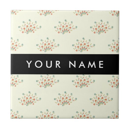 Blauwe en rode bloemen, zwart, Jouw naam Tegeltje (Voorkant)