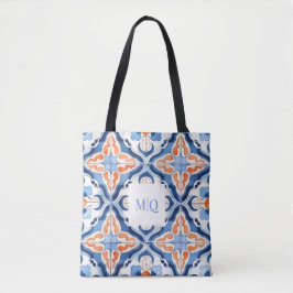 Blauwe en rode bloemige Tegel Tote Bag