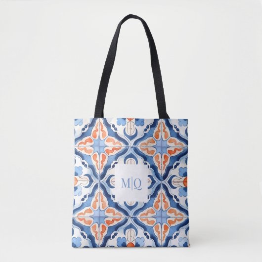 Blauwe en rode bloemtegel tote bag (Voorkant)