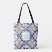 Blauwe en rode bloemtegel tote bag (Achterkant)