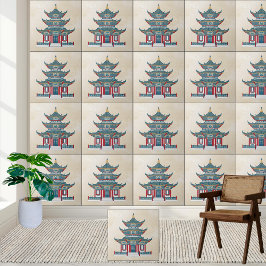 Blauwe en rode Chinese Pagoda Chinoiserie Temple A Tegeltje