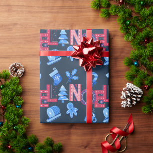 Blauwe en rode feestneus met kerstcadeaus cadeaupapier