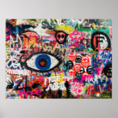 Blauwe en rode florale textiel poster (Voorkant)