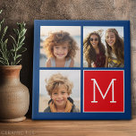 Blauwe en rode fotocollage met monogram tegeltje<br><div class="desc">Gebruik 3 vierkante foto's om een uniek en persoonlijk cadeau te creëer. Als u de afbeeldingen moet aanpassen,  klikt u op het gereedschap Aanpassen om wijzigingen aan te brengen.</div>