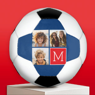 Blauwe en rode fotocollage met monogram voetbal