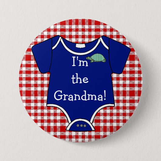 Blauwe en rode Gingham Turtle ik ben de oma! Ronde Button 7,6 Cm (Voorkant)