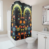 Blauwe en rode katten douchegordijn (In situ)