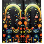 Blauwe en rode katten douchegordijn (Voorkant)