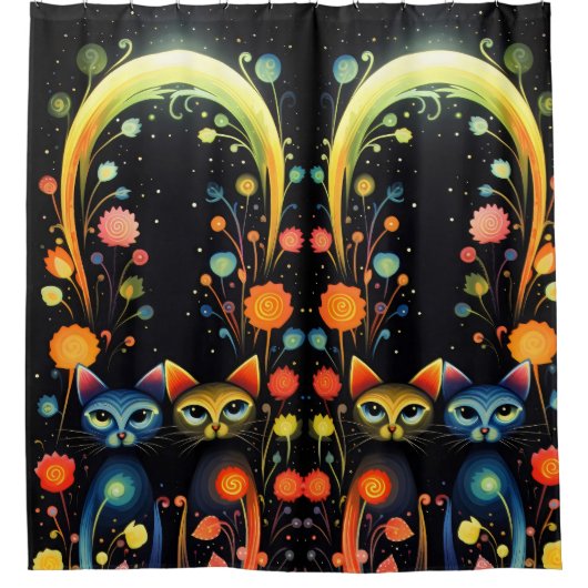 Blauwe en rode katten douchegordijn (Voorkant)